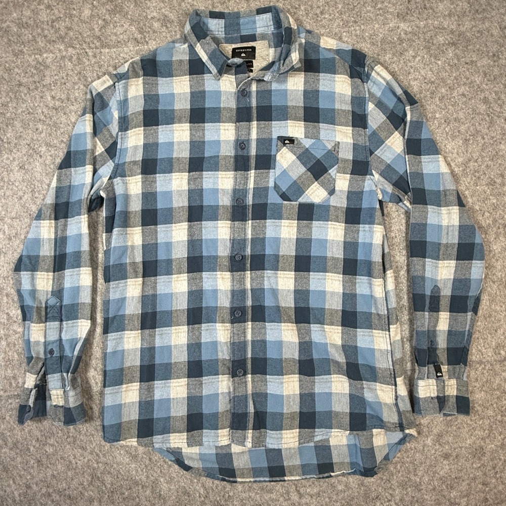 Quiksilver Flannel Shirt Mens L Blue Grey Plaid Regular Fit Long Sleeve Button